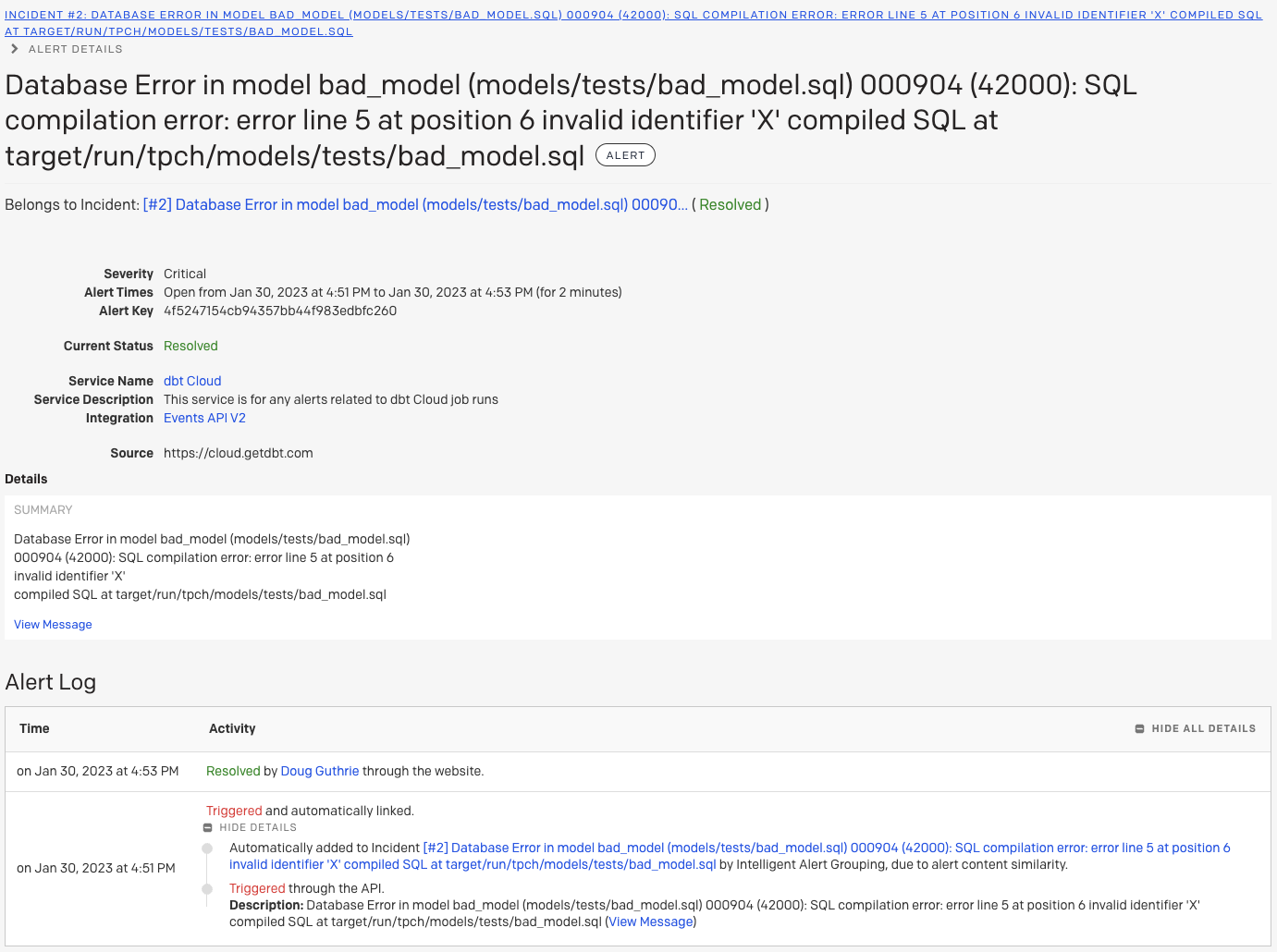 Screenshot of the PagerDuty UI, showing an alarm created by invalid SQL in a dbt model